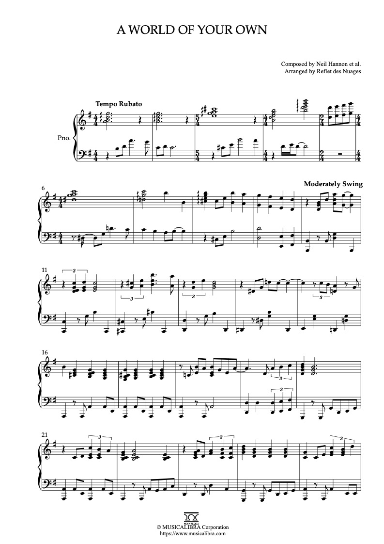 Sheet music of Wonka A World of Your Own arranged for piano solo preview page 1