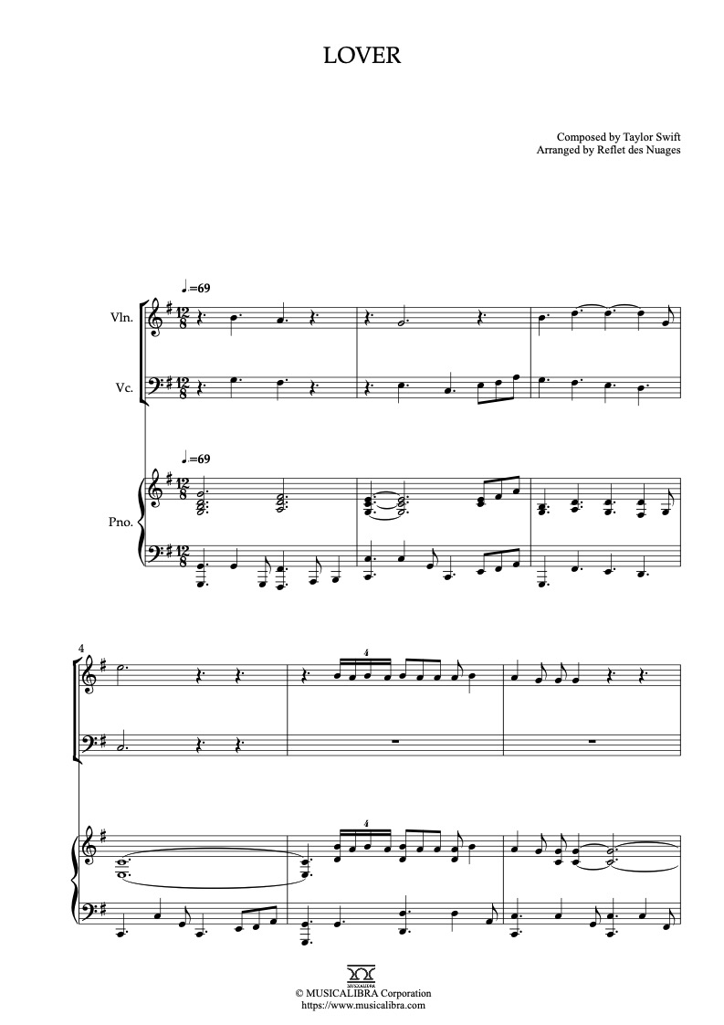 Taylor Swift Lover 編曲楽譜 - ヴァイオリン、チェロ、ピアノトリオ