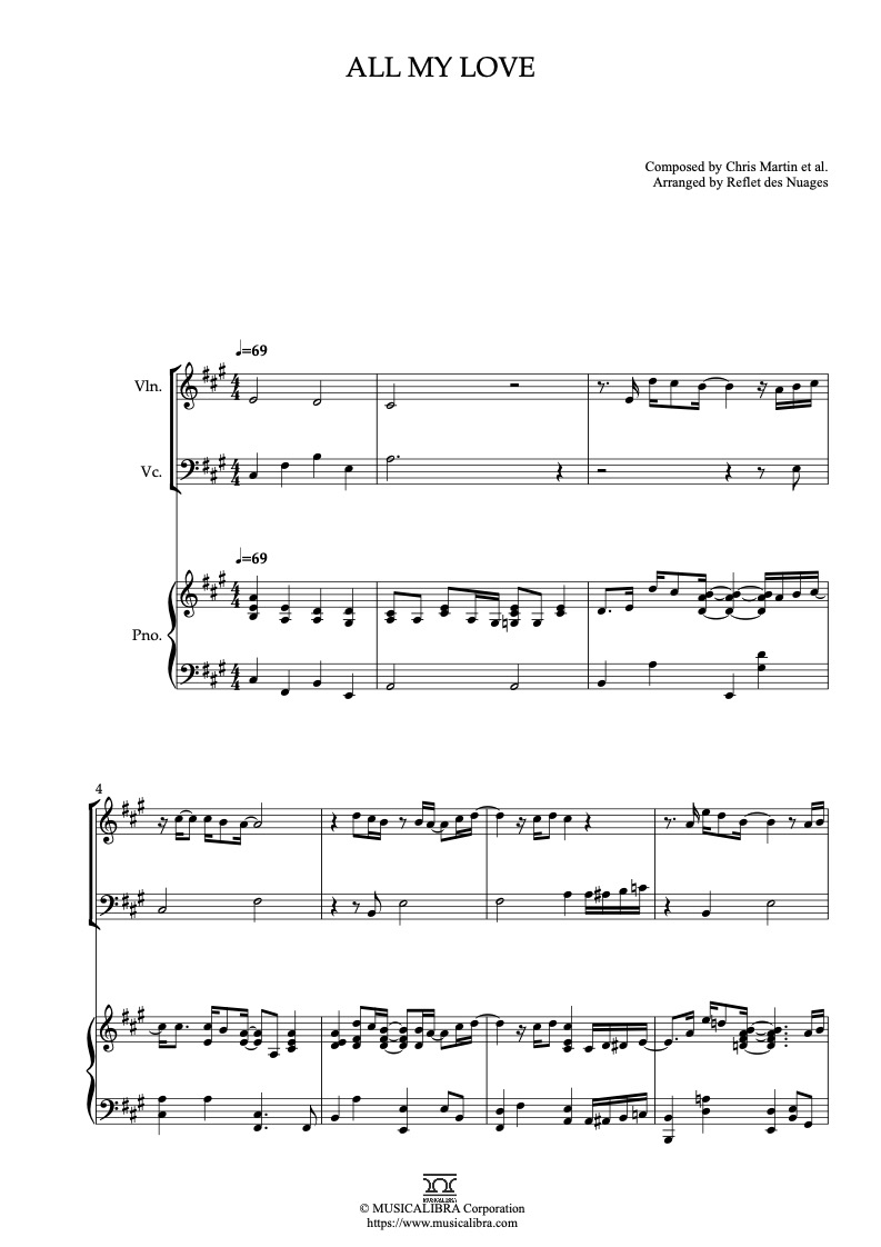 Sheet music of Coldplay ALL MY LOVE arranged for violin, cello and piano trio chamber ensemble preview page 1
