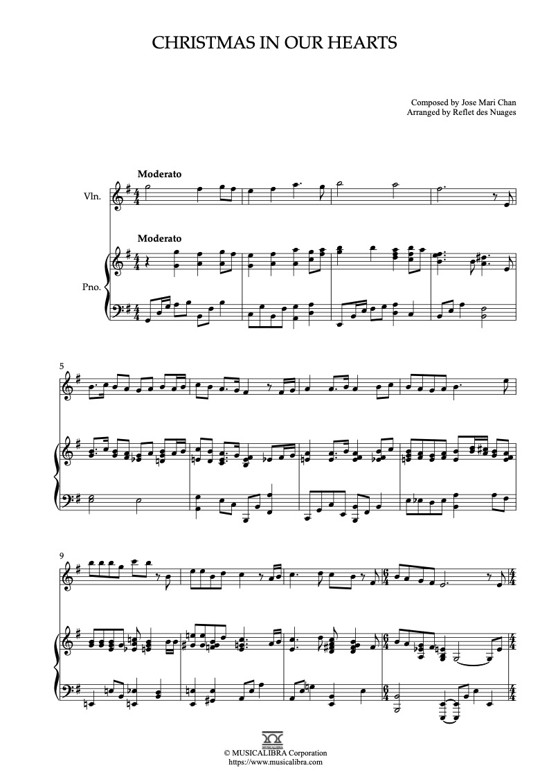 Partitura de Jose Mari Chan Christmas in Our Hearts arreglada para dueto de violín y piano