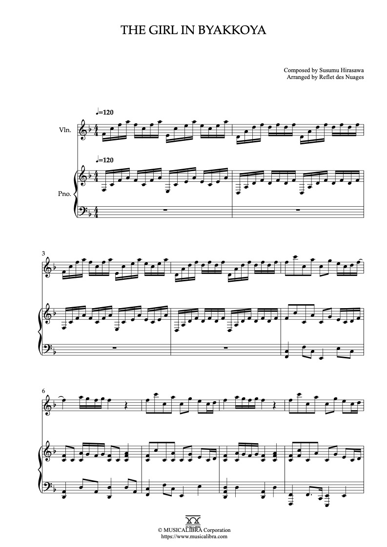 Partitura de Paprika The Girl in Byakkoya arreglada para dueto de violín y piano