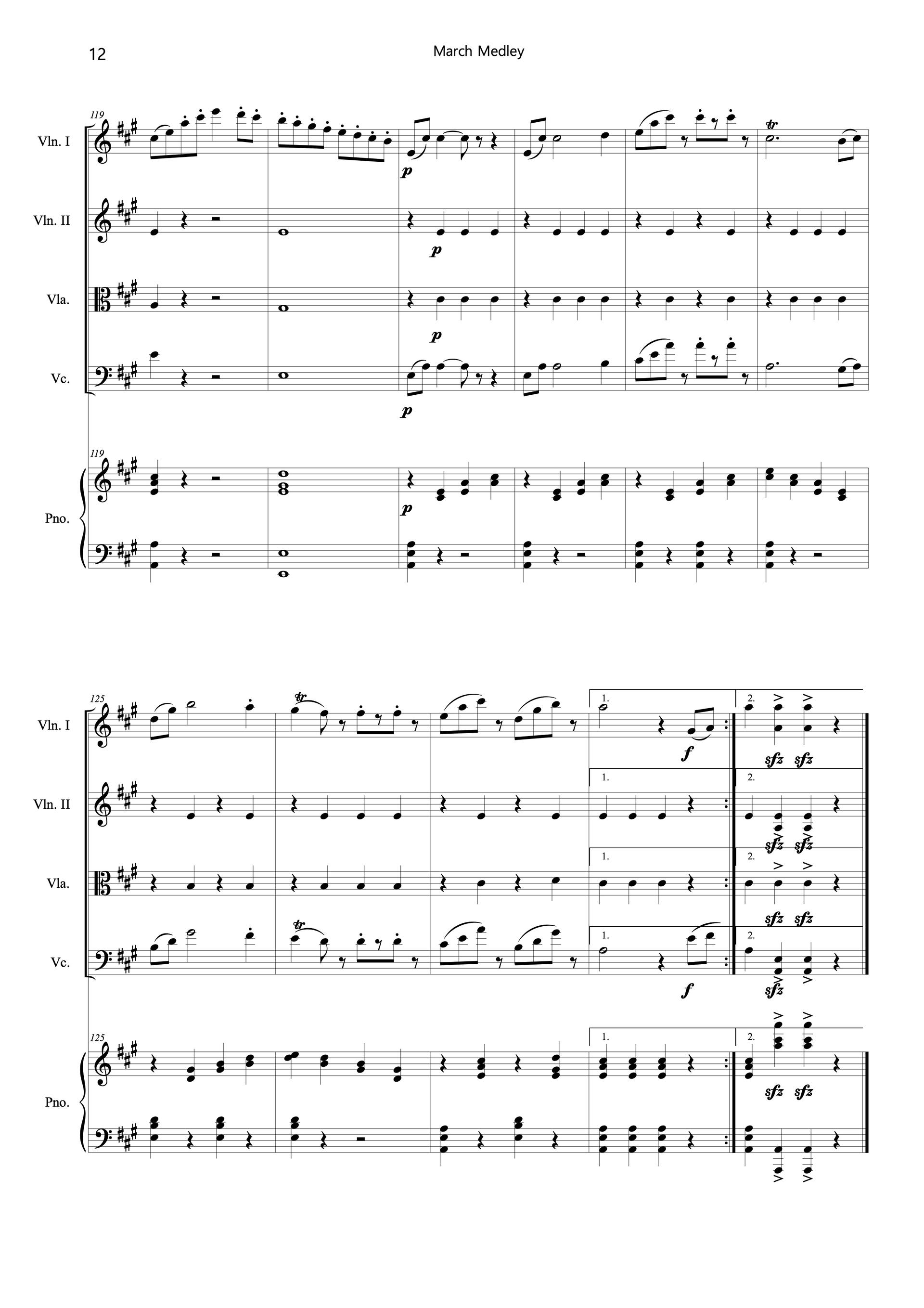 Sheet music of Carmen Medley arranged for violins, viola, cello and piano quintet preview page 12