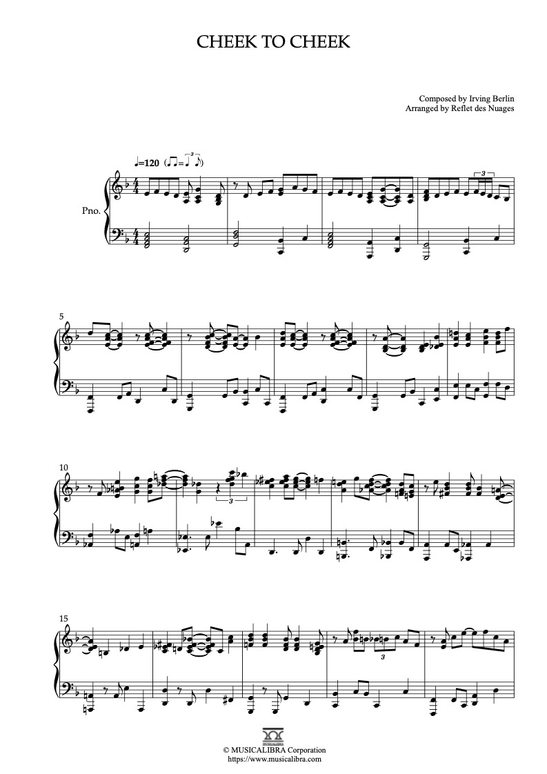 Partitura de Ella Fitzgerald&Louis Armstrong Cheek to Cheek arreglada para piano solo