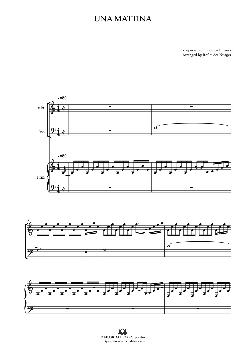 Sheet music of Ludovico Einaudi Una Mattina arranged for violin, cello and piano trio chamber ensemble preview page 1