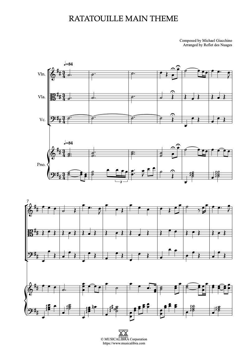 Partitura de Ratatouille Main Theme arreglada para cuarteto de violín, viola, violonchelo y piano