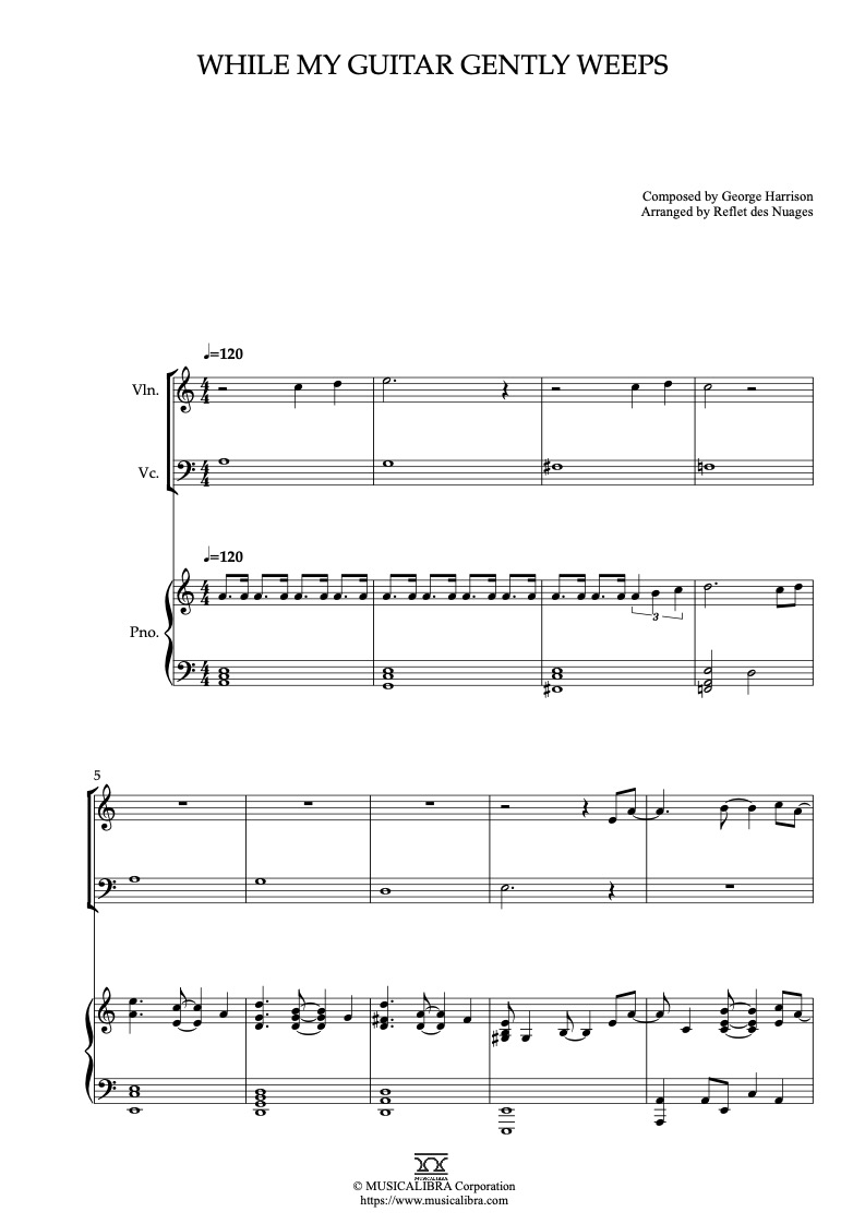 Partitura de Kubo and the Two Strings While My Guitar Gently Weeps arreglada para trío de violín, violonchelo y piano