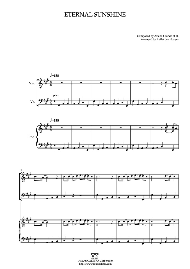 Sheet music of Ariana Grande eternal sunshine arranged for violin, cello and piano trio chamber ensemble preview page 1