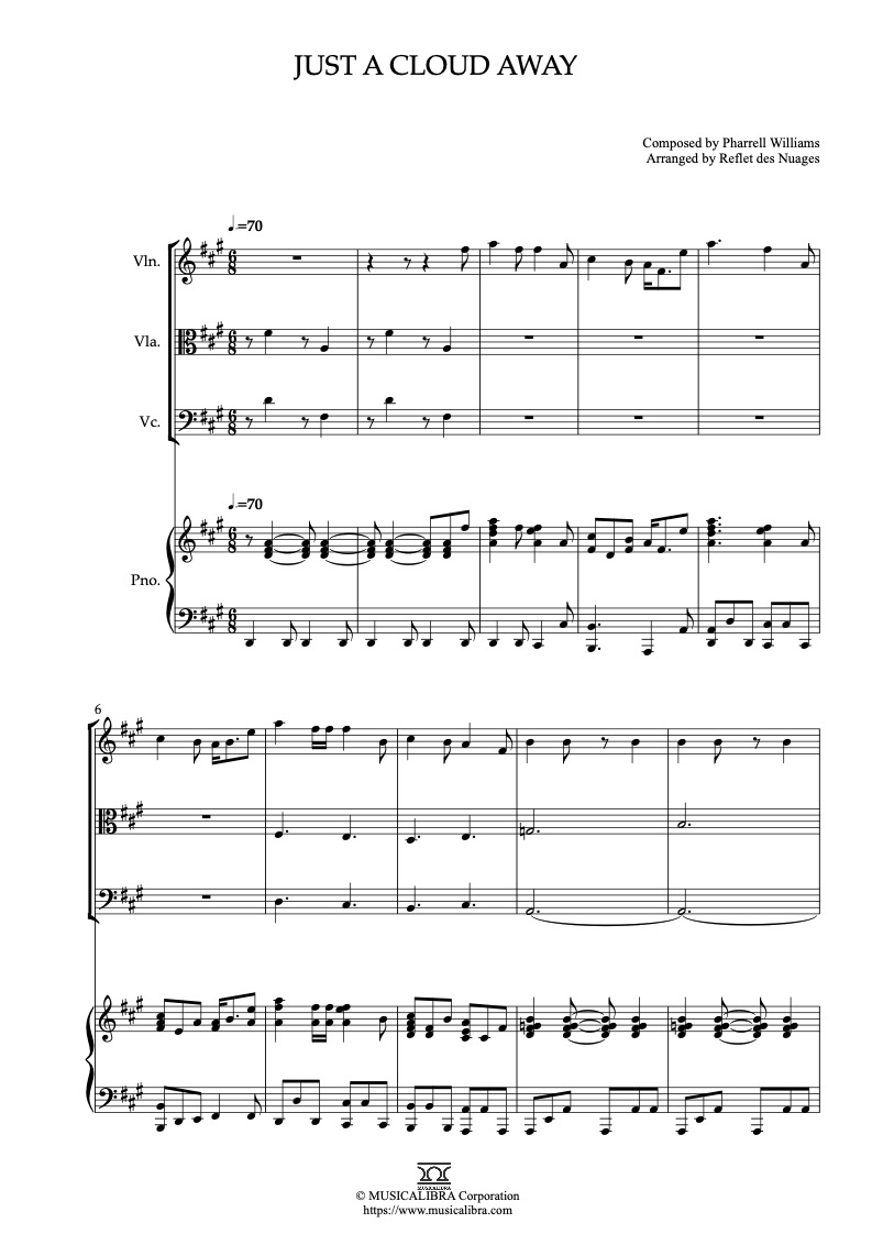 Partitura de Despicable Me 2 Just a Cloud Away arreglada para cuarteto de violín, viola, violonchelo y piano