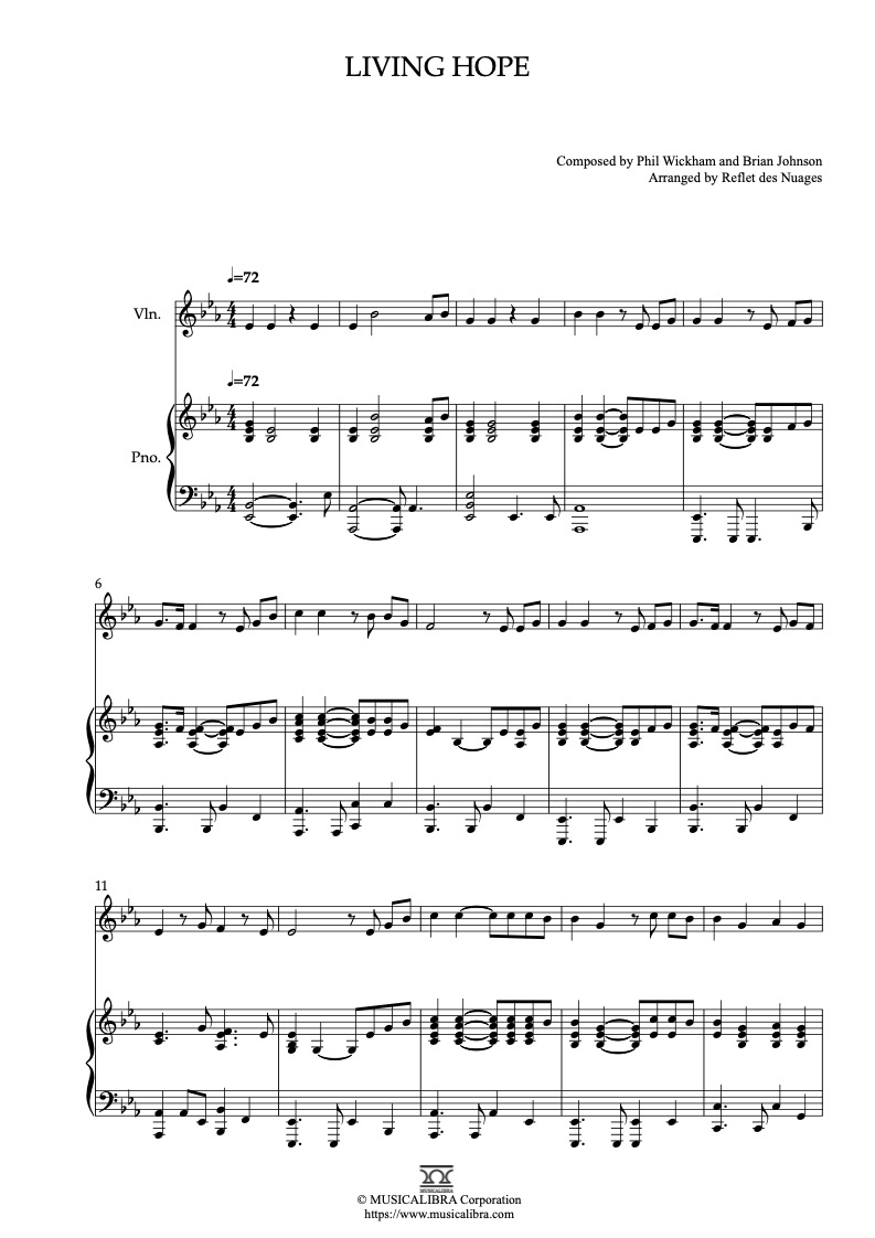 Partitura de Living Hope arreglada para dueto de violín y piano