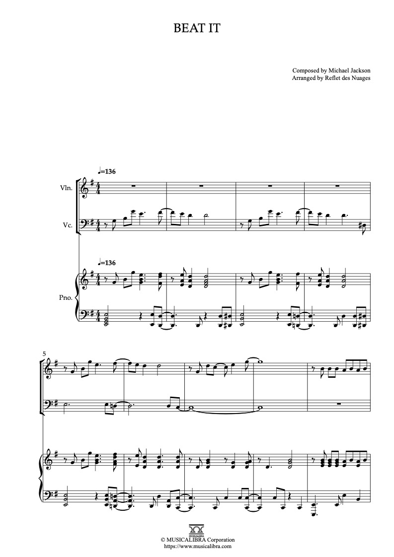 Michael Jackson Beat It 三重奏 乐谱 - 小提琴, 大提琴, 钢琴