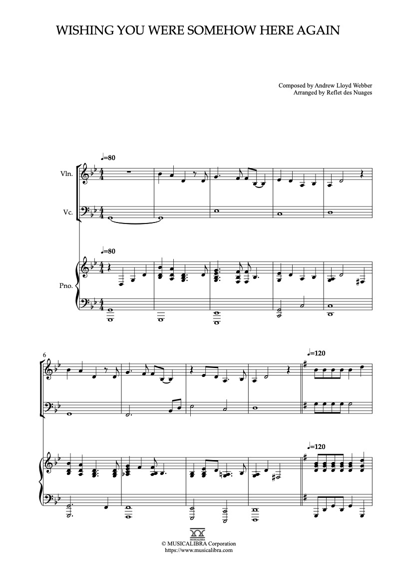 Sheet music of The Phantom of the Opera Theme Wishing You Were Somehow Here Again arranged for violin, cello and piano trio chamber ensemble preview page 1