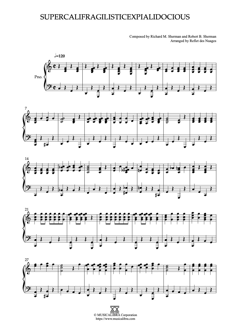 Partitura de Mary Poppins Supercalifragilisticexpialidocious arreglada para piano solo