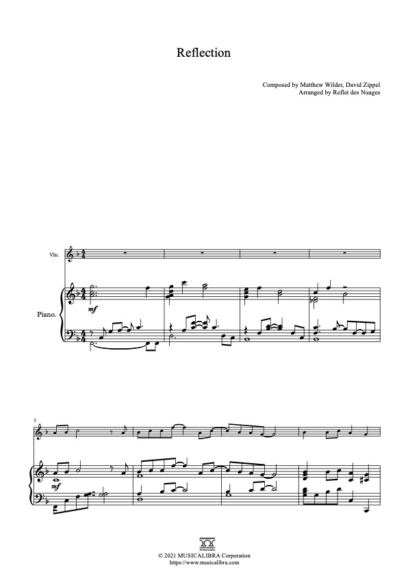 Sheet music of Mulan Reflection arranged for violin and piano duet chamber ensemble preview page 1