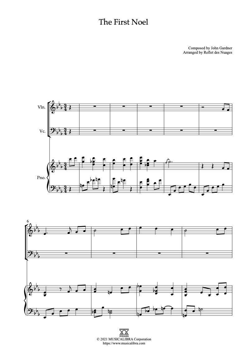 Sheet music of The First Noel arranged for violin, cello and piano trio chamber ensemble preview page 1