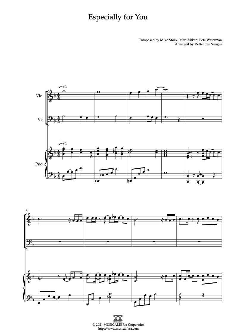 Sheet music of Kylie Minogue Jason Donovan Especially for You arranged for violin, cello and piano trio chamber ensemble preview page 1