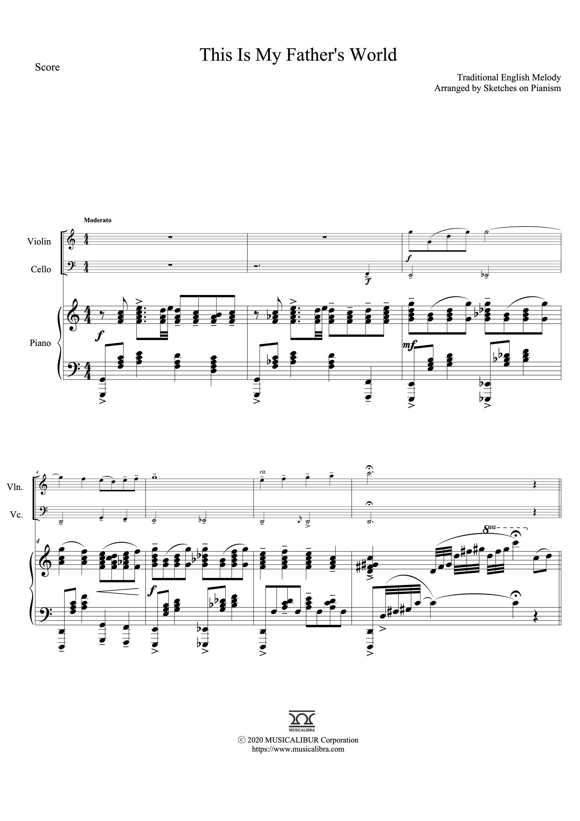 Sheet music of This Is My Father's World arranged for violin, cello and piano trio preview page 1