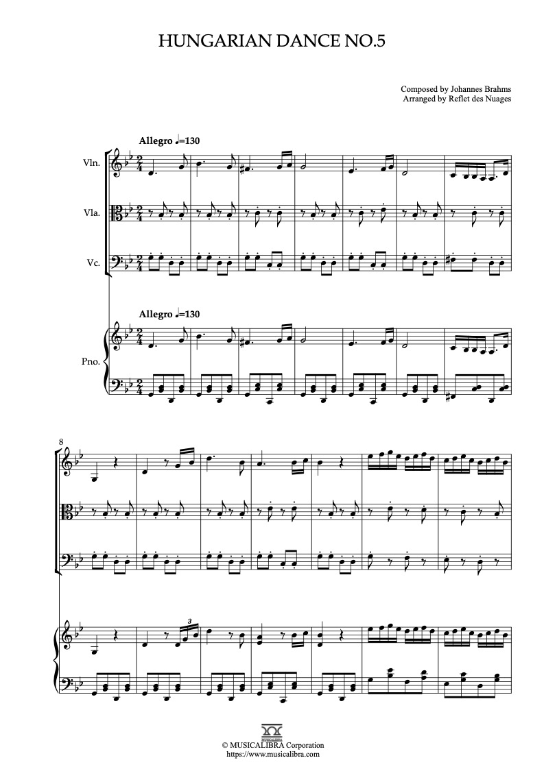 Hungarian Dances No.5 四重奏 樂譜 - 小提琴, 中提琴, 大提琴, 鋼琴