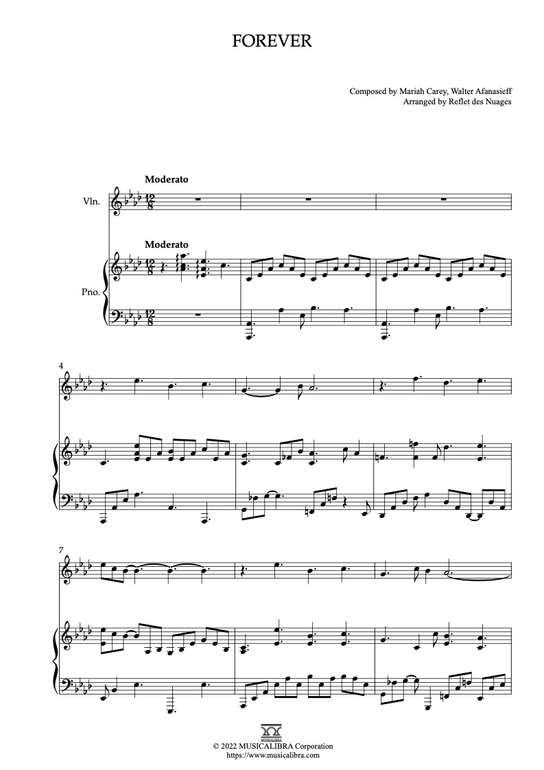 Sheet music of Forever(Mariah Carey) arranged for violin and piano duet chamber ensemble preview page 1