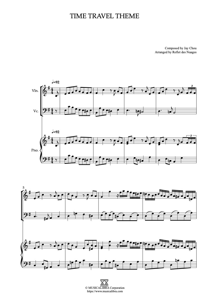 Sheet music of Secret Time Travel Theme arranged for violin, cello and piano trio chamber ensemble preview page 1