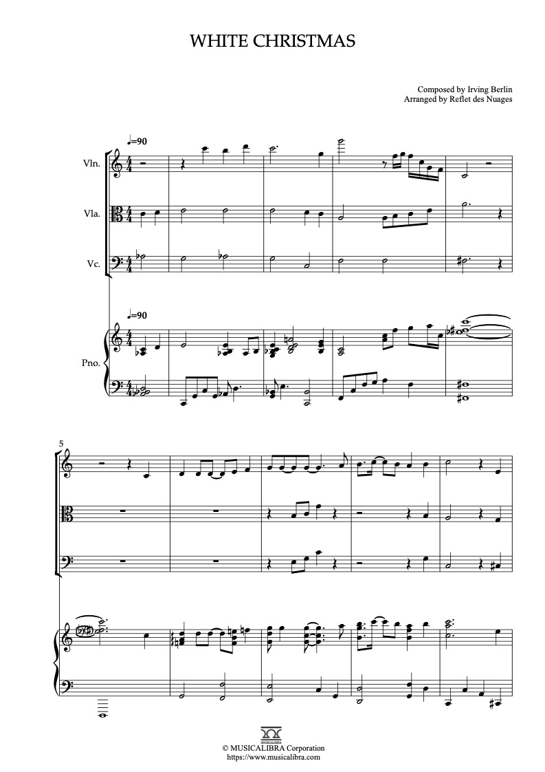 Sheet music of White Christmas arranged for violin, viola, cello and piano quartet chamber ensemble preview page 1