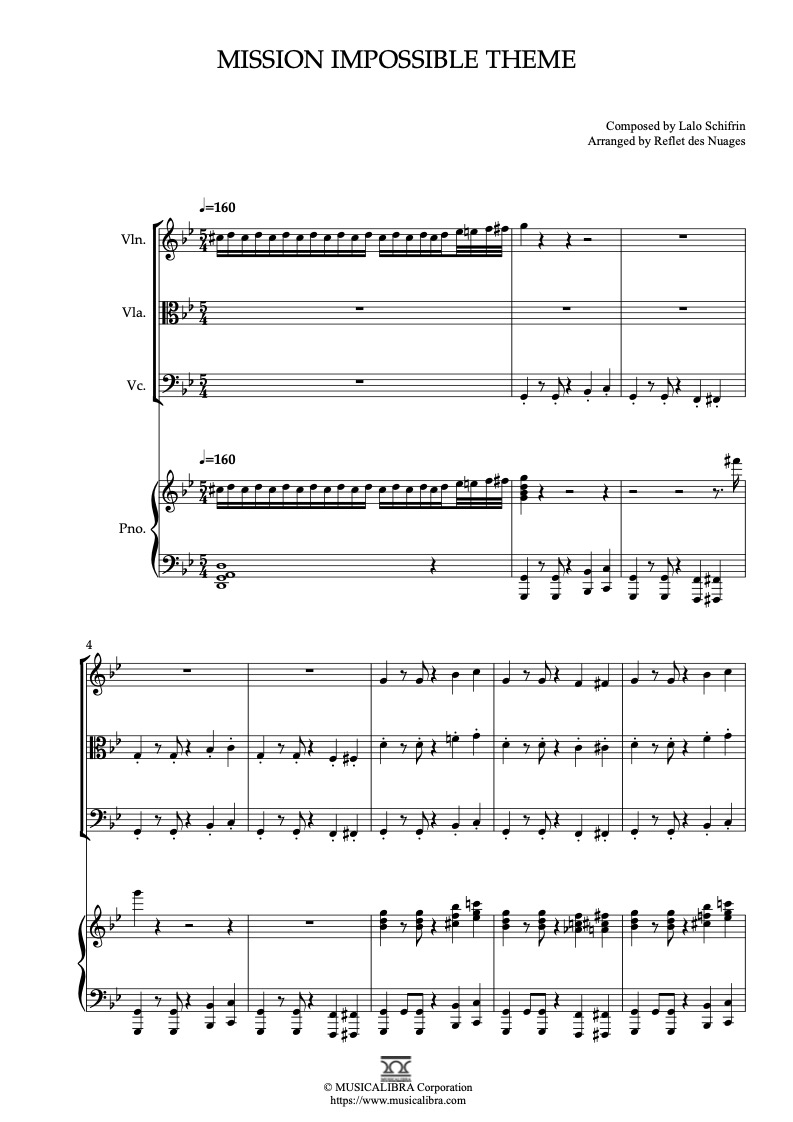 Partitura de Mission Impossible Theme arreglada para cuarteto de violín, viola, violonchelo y piano