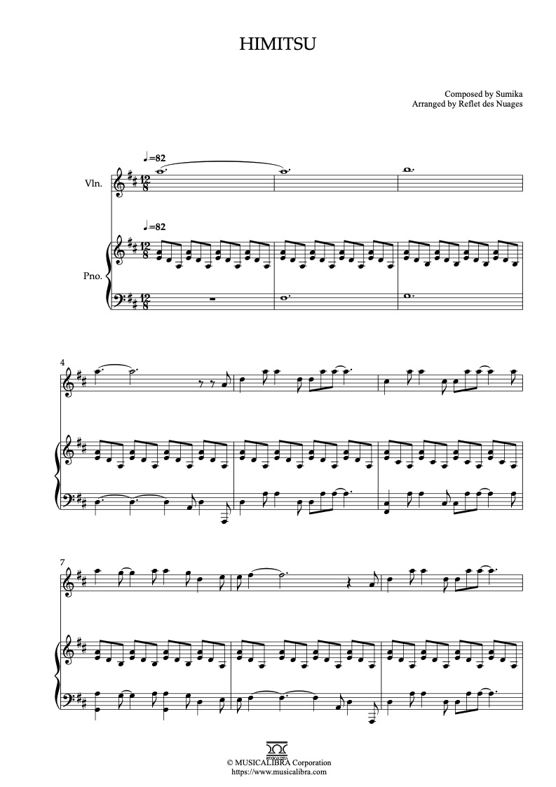 Sheet music of I Want to Eat Your Pancreas Himitsu arranged for violin and piano duet preview page 1