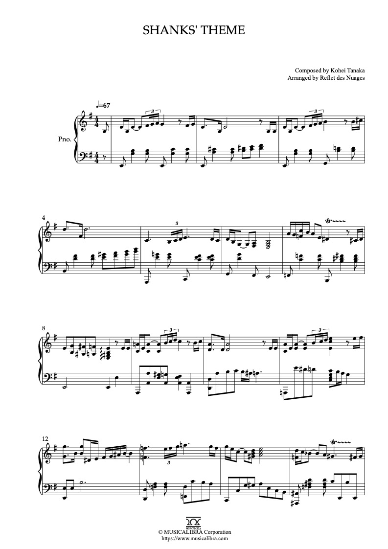 Sheet music of One Piece Shanks' Theme arranged for piano solo preview page 1