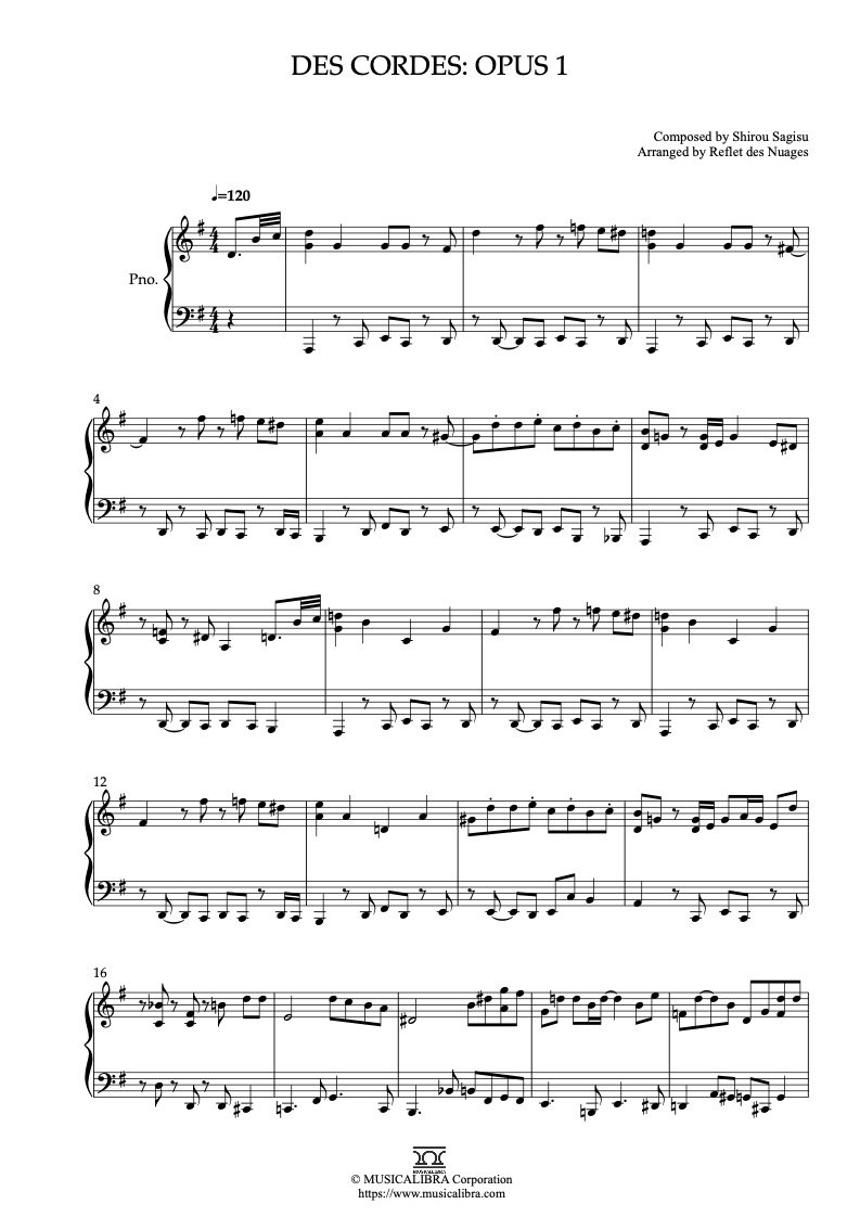 Sheet music of Evangelion Des Cordes: opus 1 arranged for piano solo preview page 1