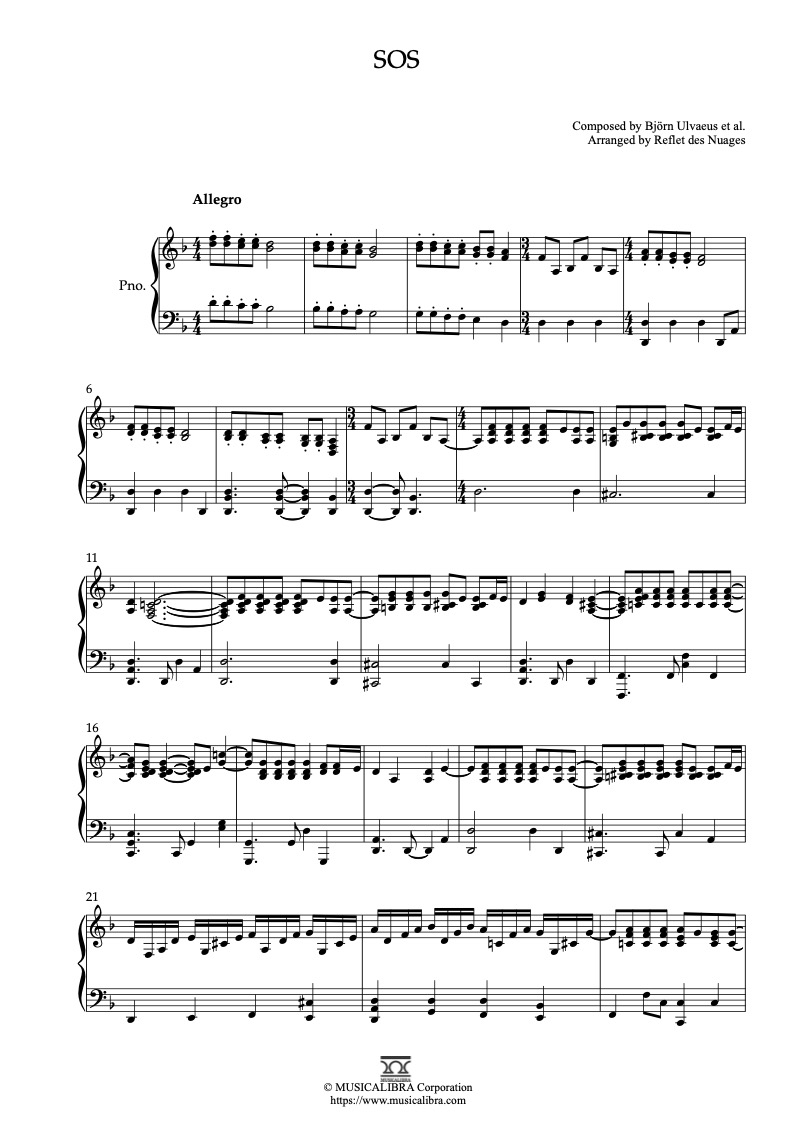 Sheet music of Abba SOS arranged for piano solo preview page 1