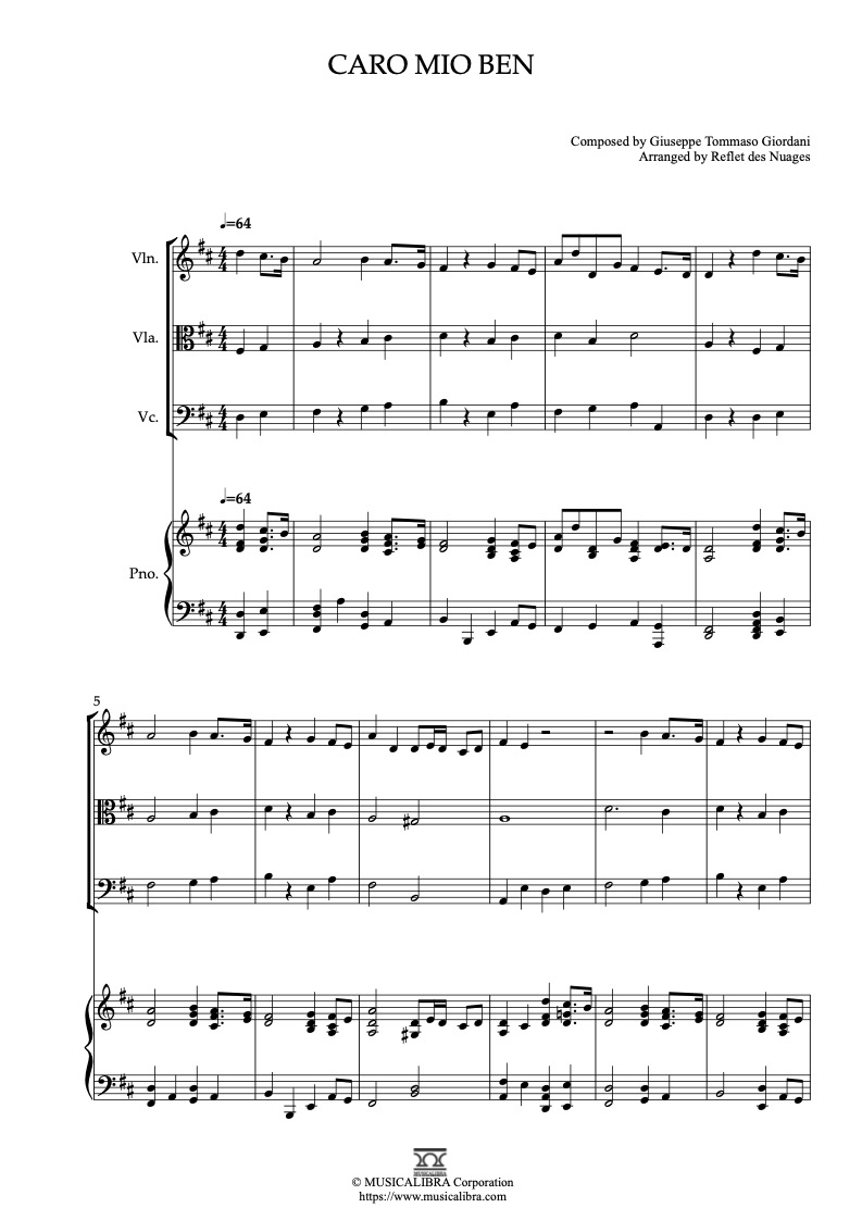 Partitura de Caro Mio Ben arreglada para cuarteto de violín, viola, violonchelo y piano