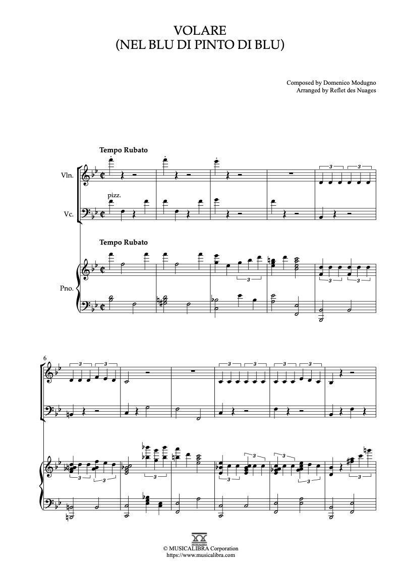 Sheet music of Gipsy Kings Volare arranged for violin, cello and piano trio chamber ensemble preview page 1