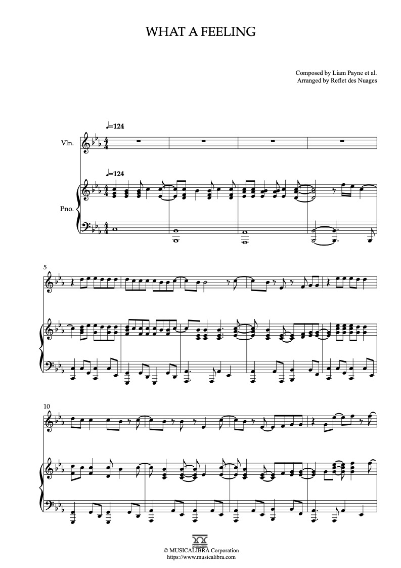 Sheet music of One Direction What a Feeling arranged for violin and piano duet chamber ensemble preview page 1