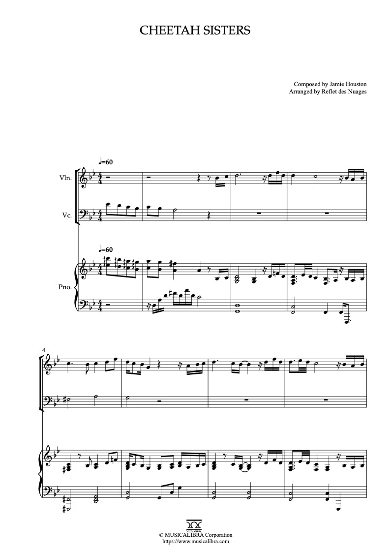 Partitura de Cheetah Sisters arreglada para trío de violín, violonchelo y piano