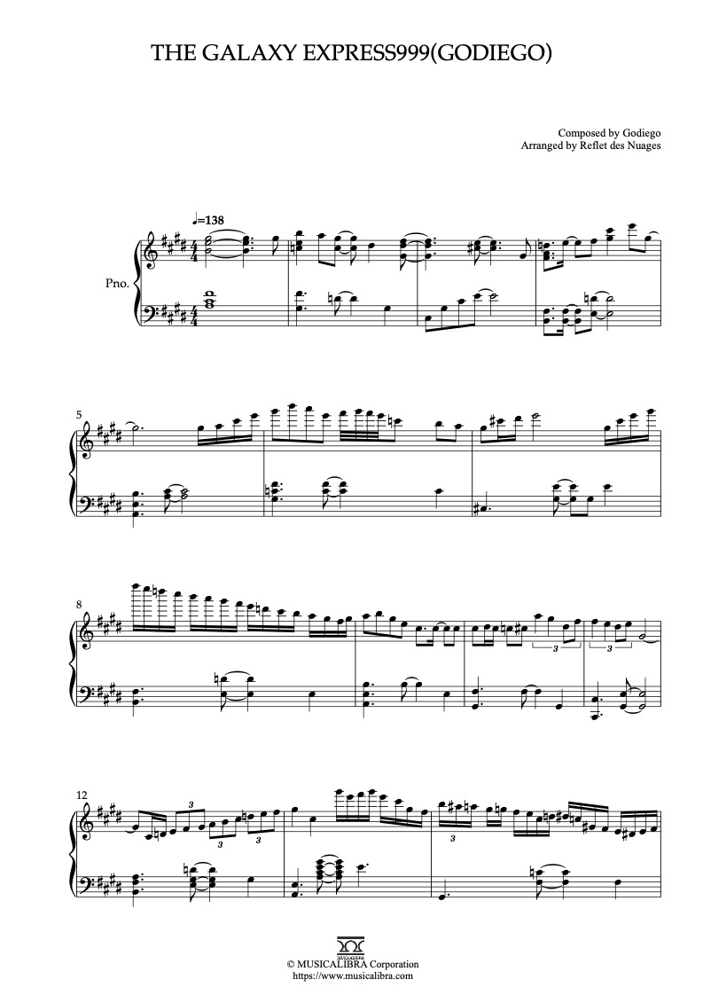 Partitura de The Galaxy Express999(Godiego) arreglada para piano solo