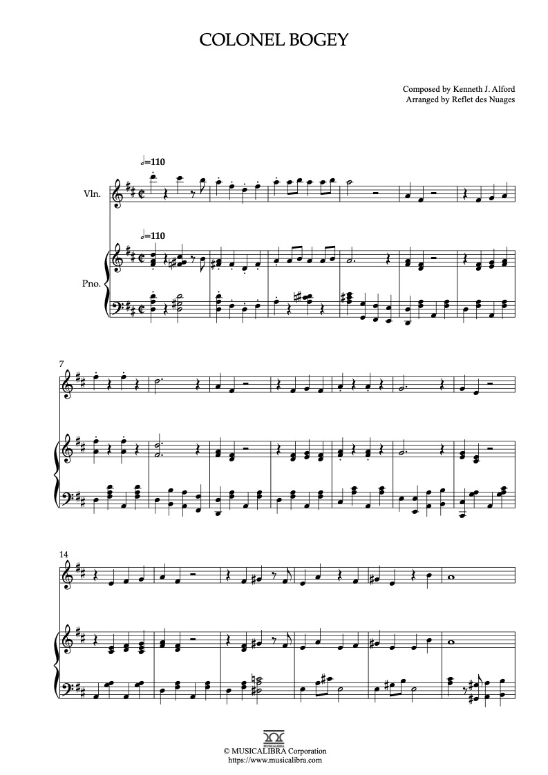 Sheet music of Colonel Bogey arranged for violin and piano duet chamber ensemble preview page 1