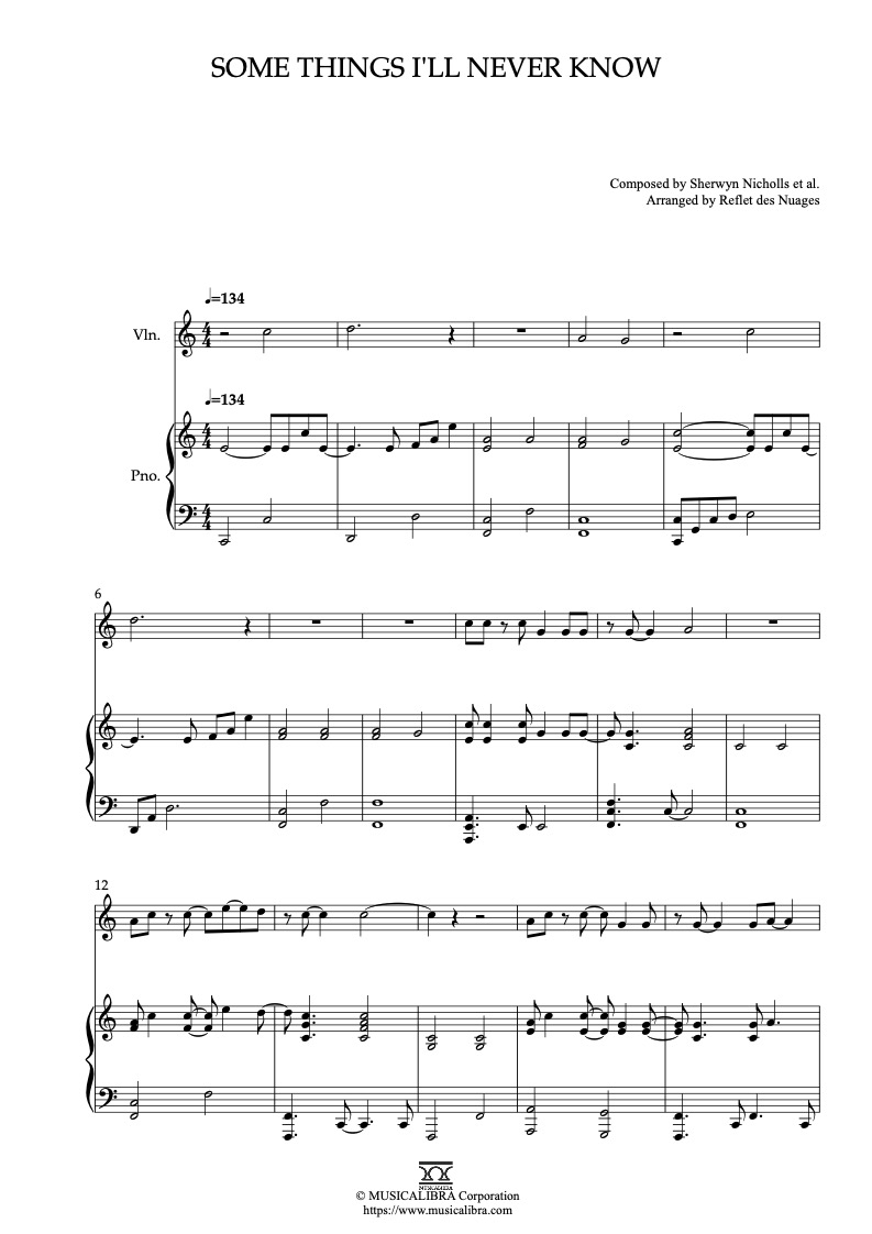 Sheet music of Teddy Swims Some Things I'll Never Know arranged for violin and piano duet chamber ensemble preview page 1
