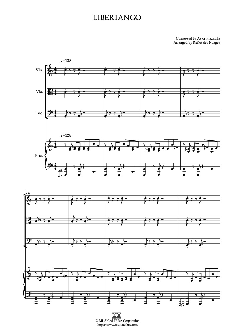 Sheet music of Piazzolla Libertango arranged for violin, viola, cello and piano quartet chamber ensemble preview page 1