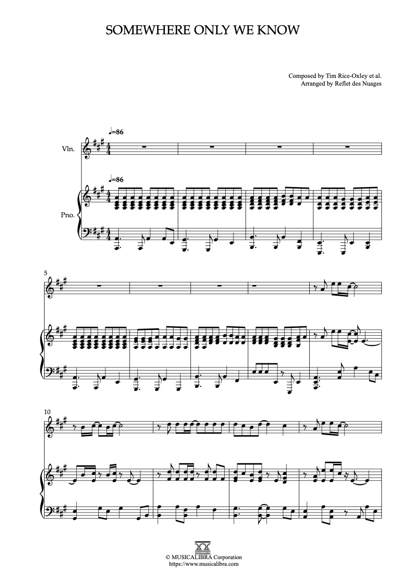 Partitura de Keane Somewhere Only We Know arreglada para dueto de violín y piano