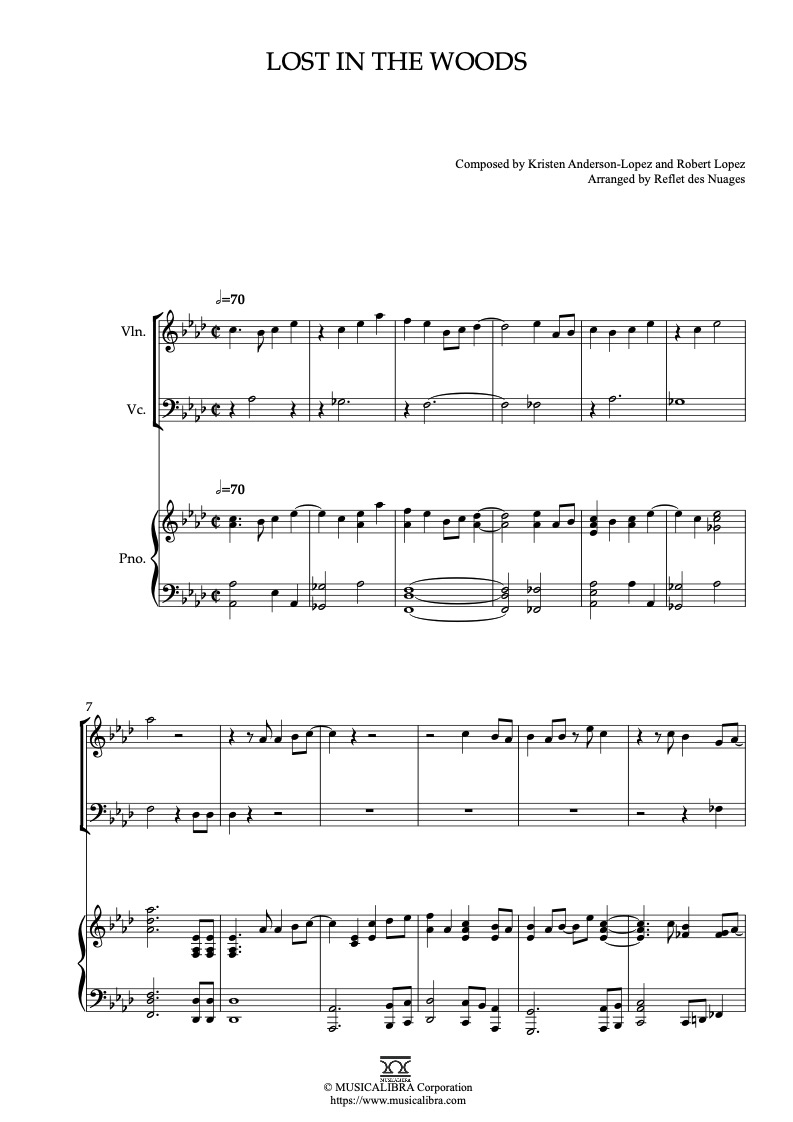 Frozen 2 Lost in the Woods 編曲楽譜 - ヴァイオリン、チェロ、ピアノトリオ