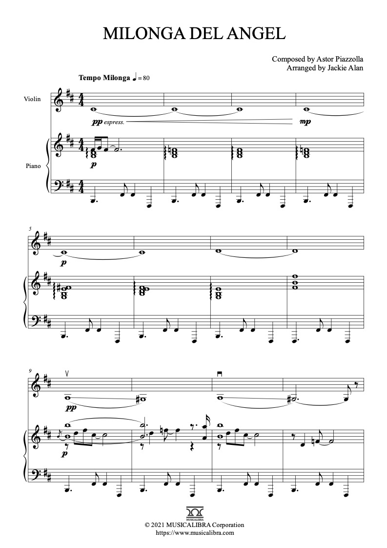 Milonga del angel 二重奏 乐谱 - 小提琴, 钢琴