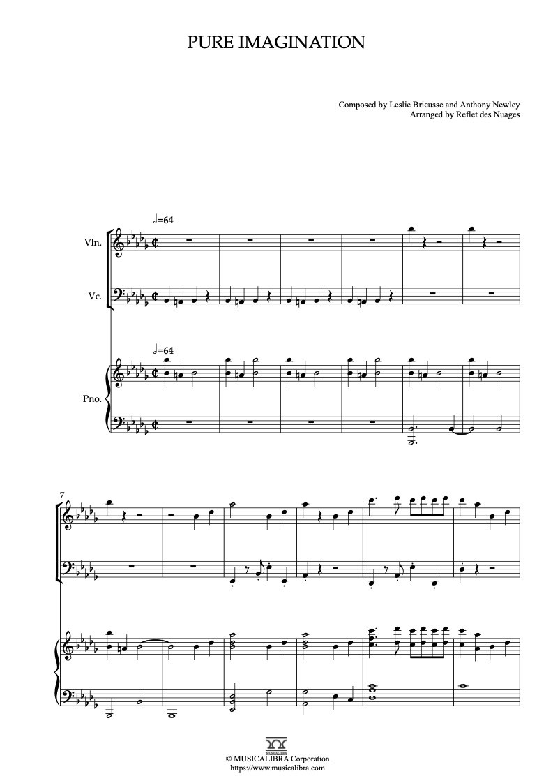 Sheet music of Willy Wonka & the Chocolate Factory Pure Imagination arranged for violin, cello and piano trio chamber ensemble preview page 1