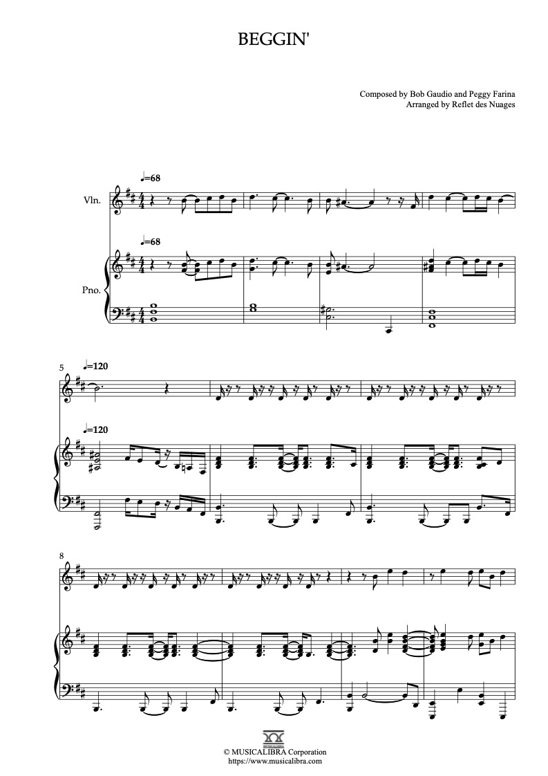 Partitura de Måneskin Beggin' arreglada para dueto de violín y piano