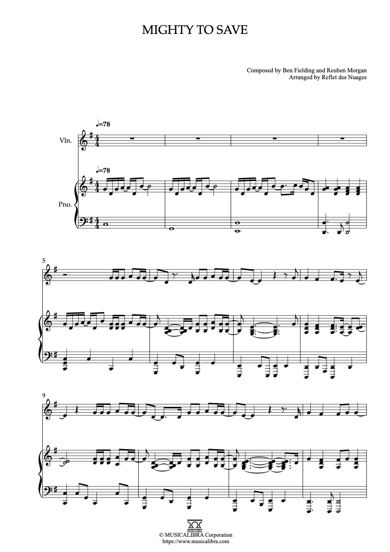 Sheet music of Mighty to Save arranged for violin and piano duet preview page 1