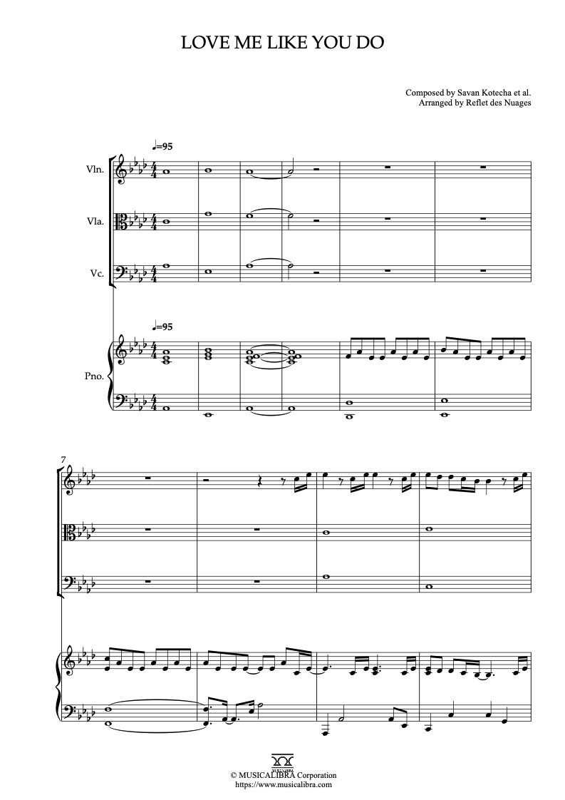Sheet music of Ellie Goulding Love Me Like You Do arranged for violin, viola, cello and piano quartet chamber ensemble preview page 1