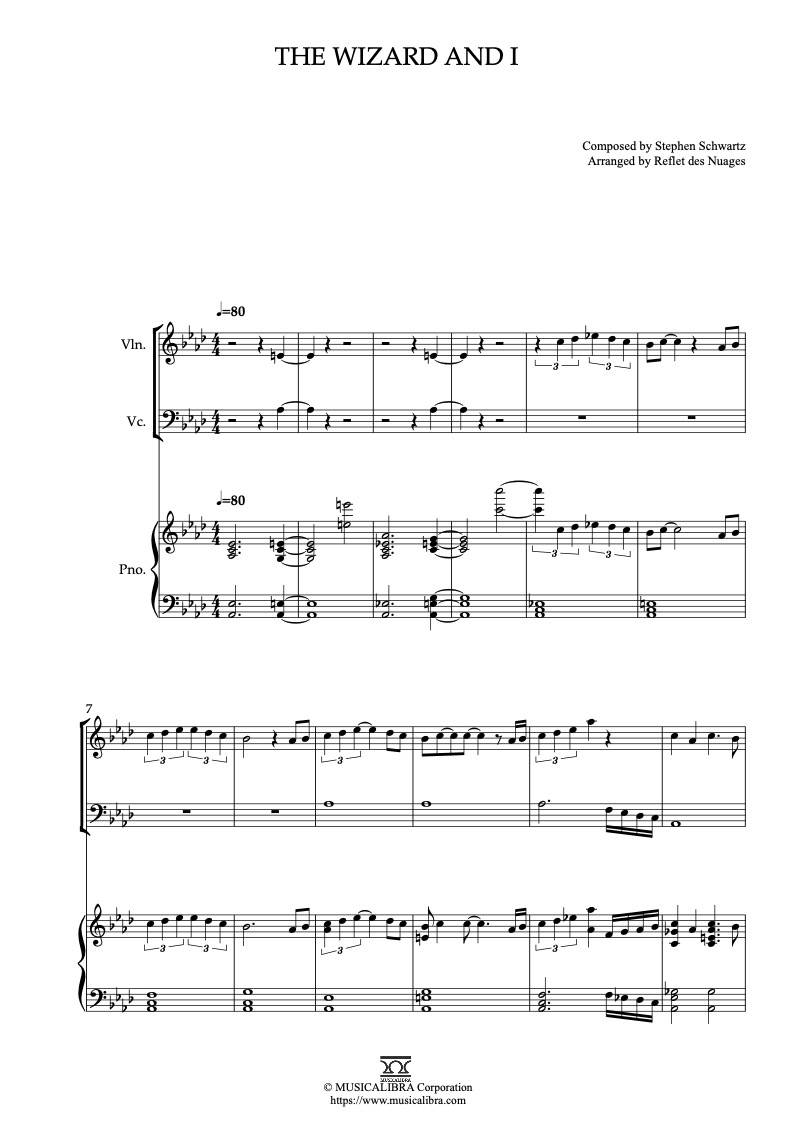 Sheet music of Wicked The Wizard and I arranged for violin, cello and piano trio chamber ensemble preview page 1
