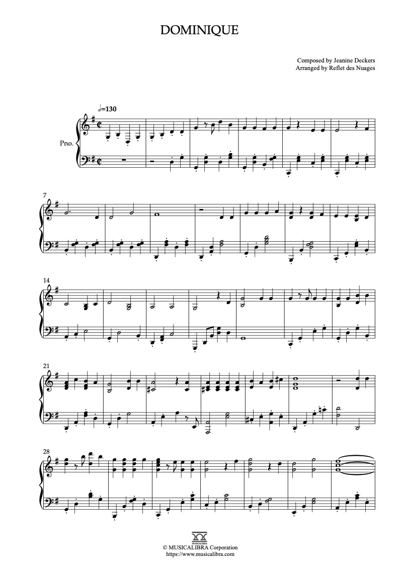 Partitura de The Singing Nun Dominique arreglada para piano solo