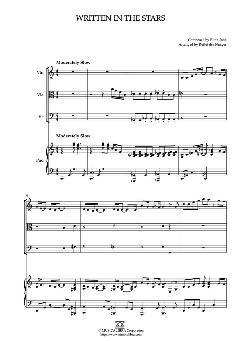 Partitura de AIDA Written in the Stars arreglada para cuarteto de violín, viola, violonchelo y piano