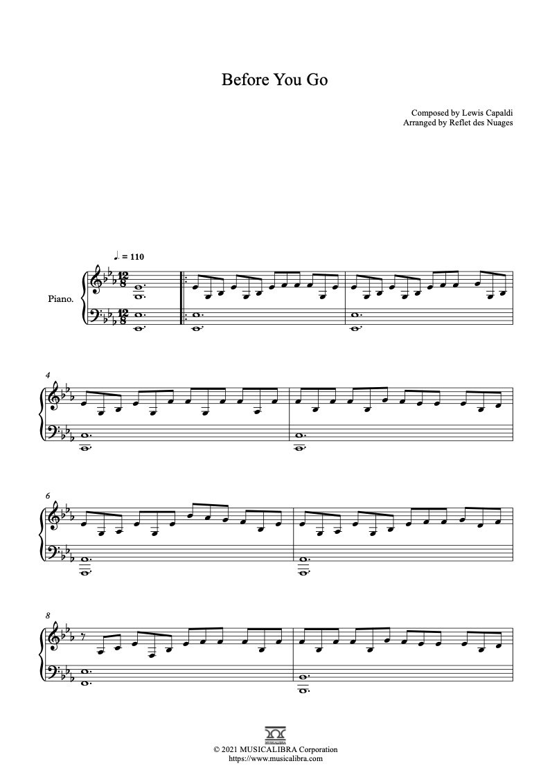 Sheet music of Before You Go arranged for piano solo preview page 1