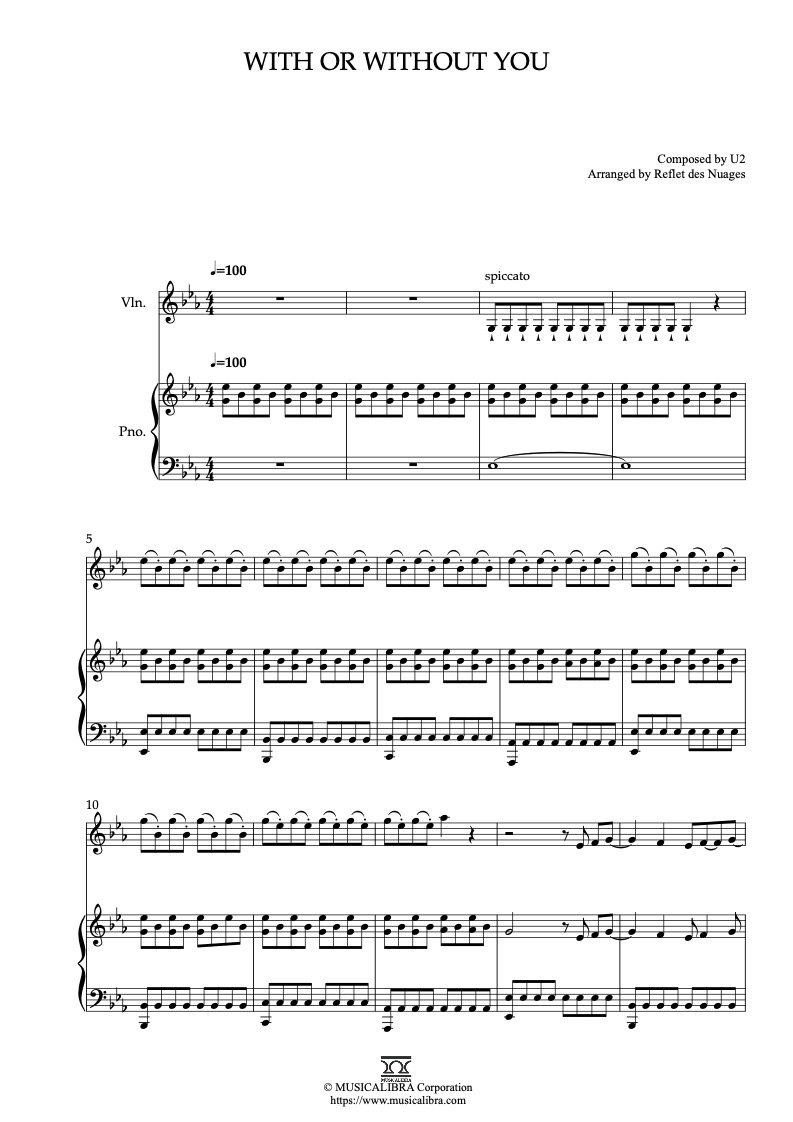 Sheet music of U2 With or Without You arranged for violin and piano duet chamber ensemble preview page 1
