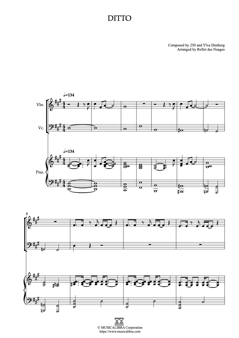 Sheet music of NewJeans Ditto arranged for violin, cello and piano trio chamber ensemble preview page 1